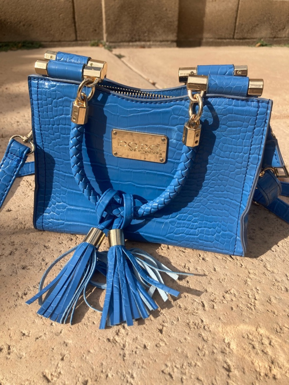 bebe Blue Croc-Embossed Mini Satchel with Braided Tassels